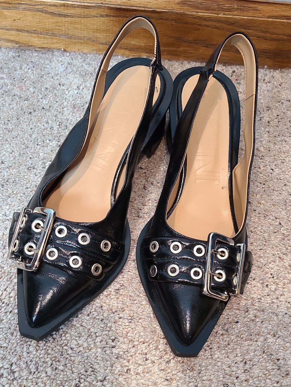 Ganni Black Pointed Slingback Mules with Silver Buckle & Grommets US Size 8
